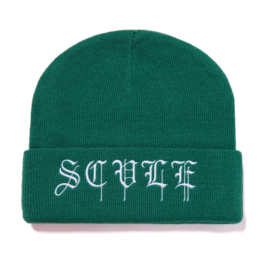 Men Black Scale Hats | Old English Drip Beanie Green