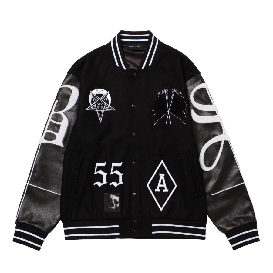 Men Black Scale Jackets | Cross Drip Varsity Jacket Black